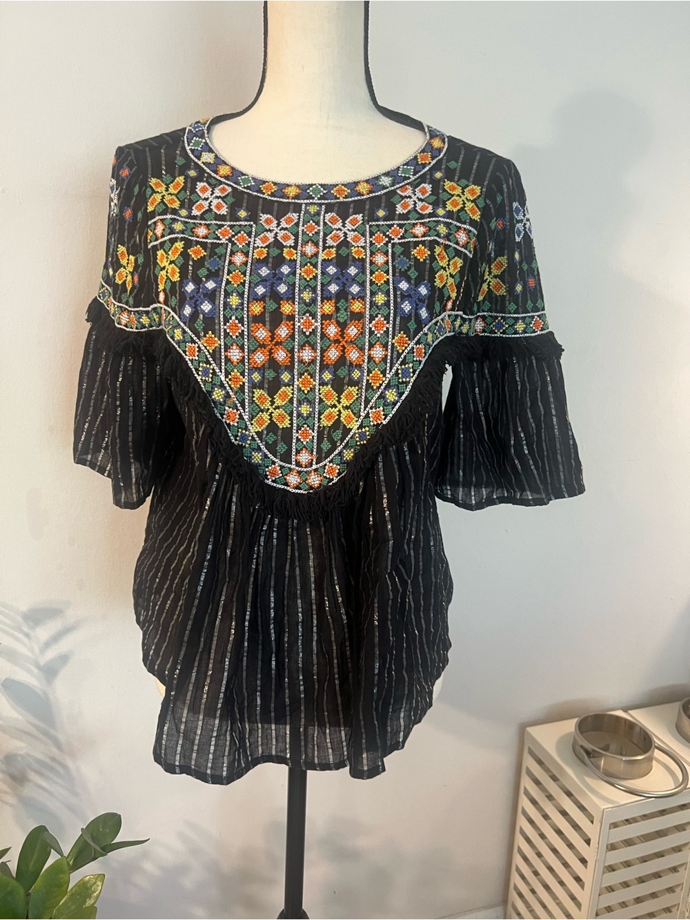 Zara Black Blouse with Multicolor Embroidered Bib